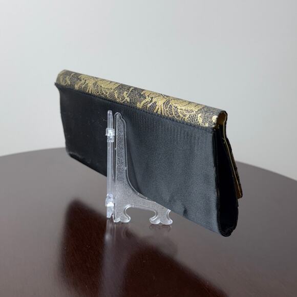 Black and Gold Lace Glitter Print Satin Clutch Purse  - 10w x 5h x 1D - Picture 6 of 10